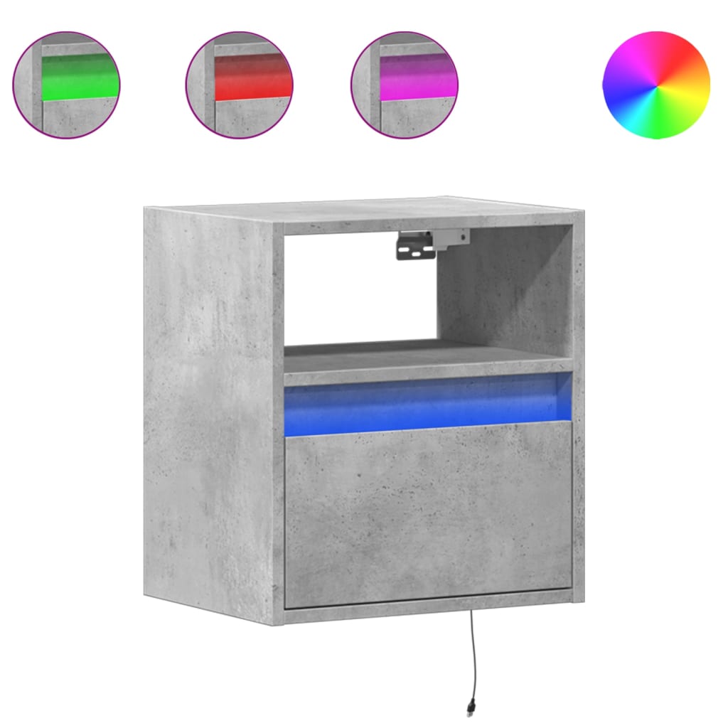 Wall-mounted bedside tables with LED lights 2 pcs. Concrete grey