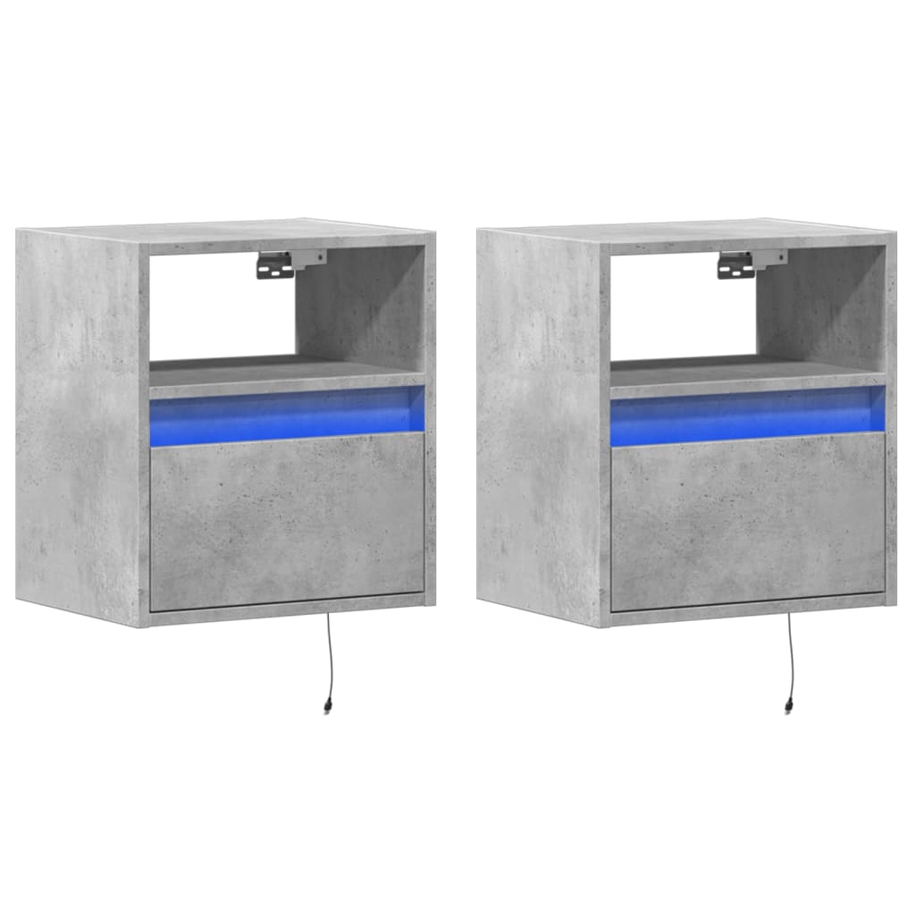 Wall-mounted bedside tables with LED lights 2 pcs. Concrete grey