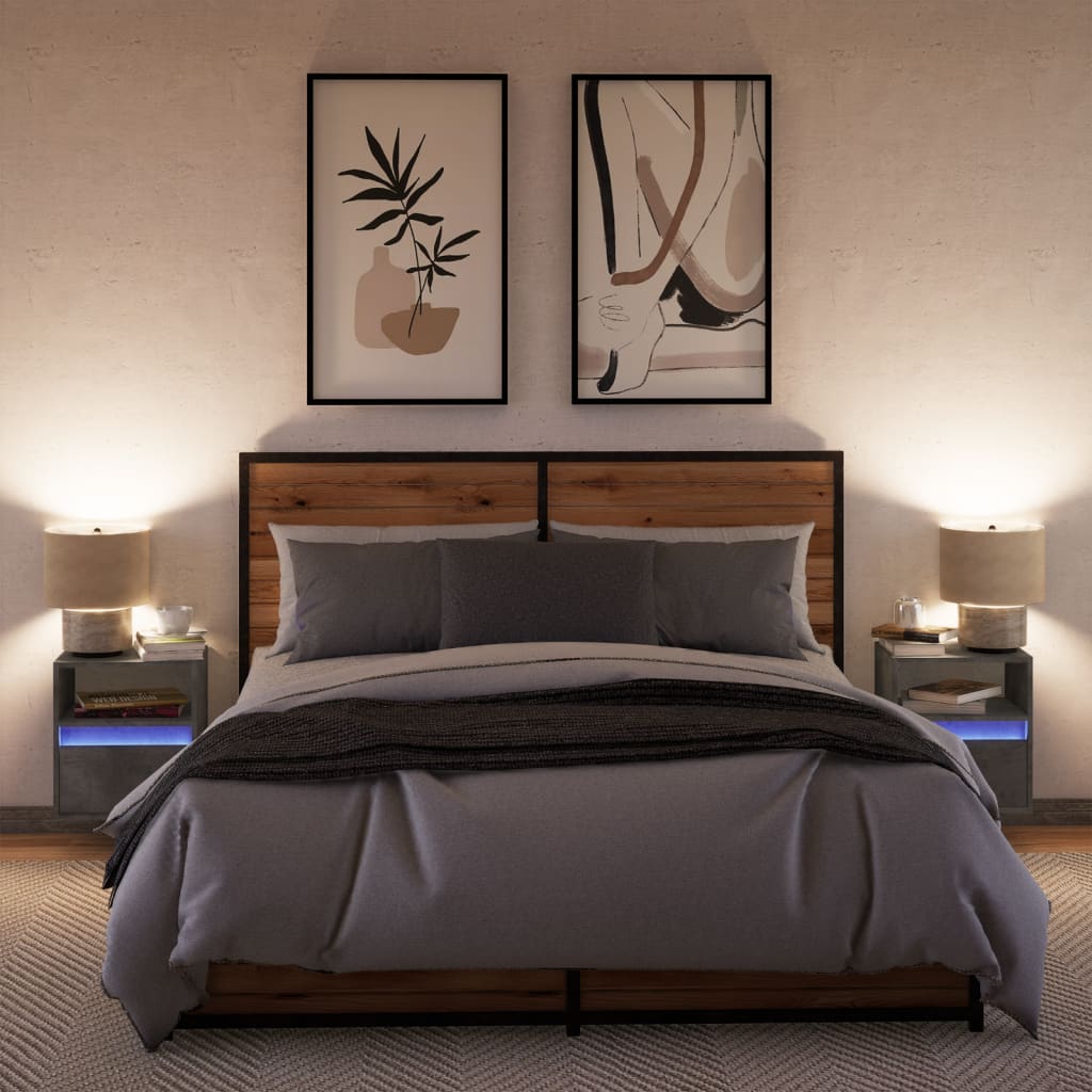 Wall-mounted bedside tables with LED lights 2 pcs. Concrete grey