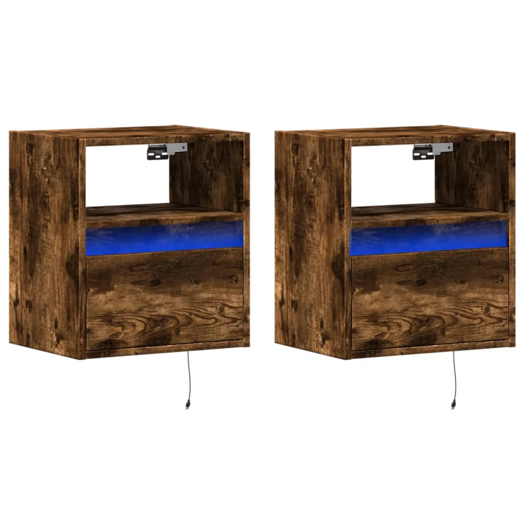 Wall-mounted bedside tables with LED lights 2 pcs. Smoked oak