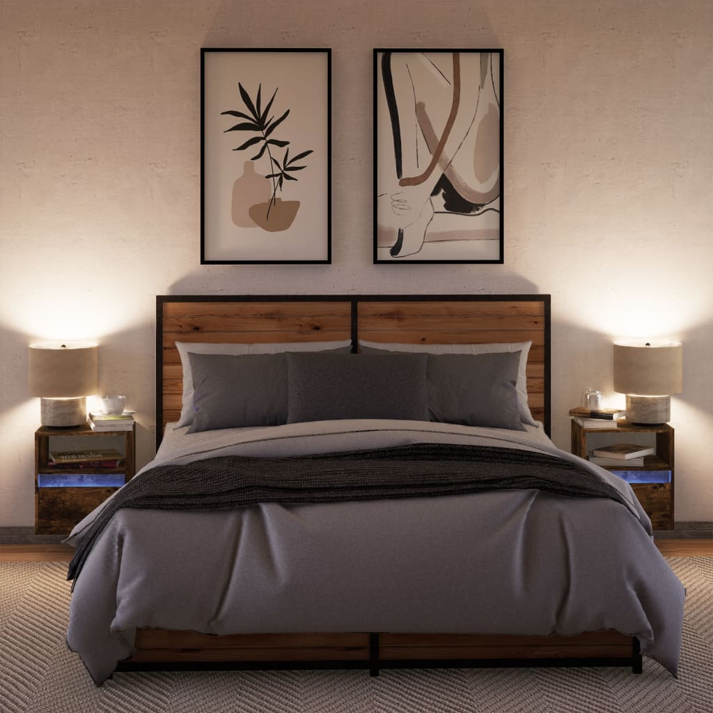 Wall-mounted bedside tables with LED lights 2 pcs. Smoked oak