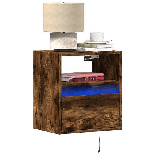 Wall-mounted bedside tables with LED lights 2 pcs. Smoked oak