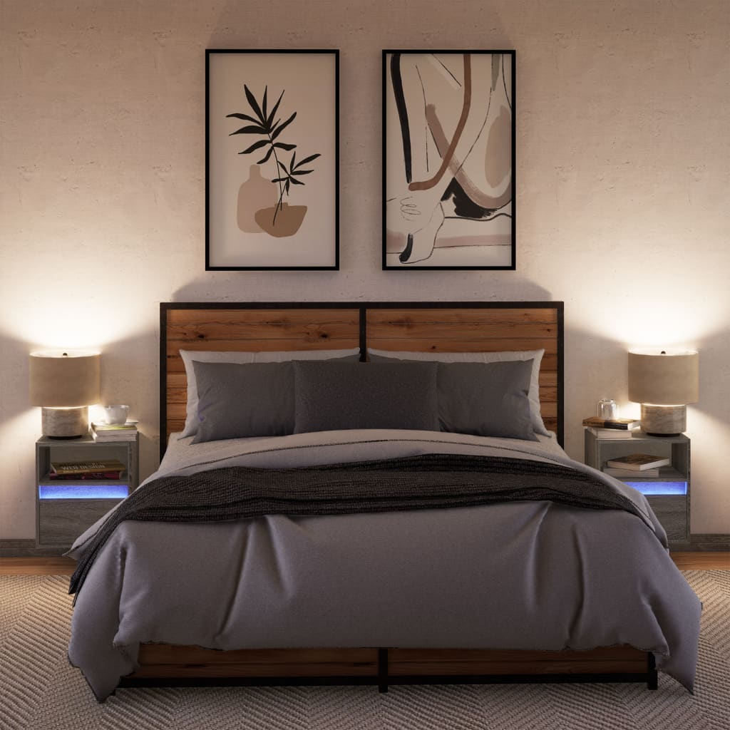 Wall-mounted bedside tables with LED lights 2 pcs. Gray Sonoma