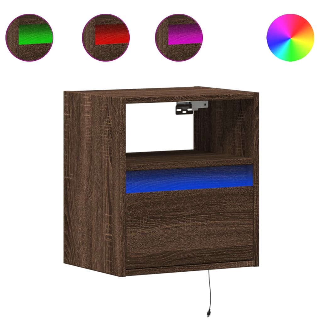 Wall-mounted bedside table with LED lights brown oak look