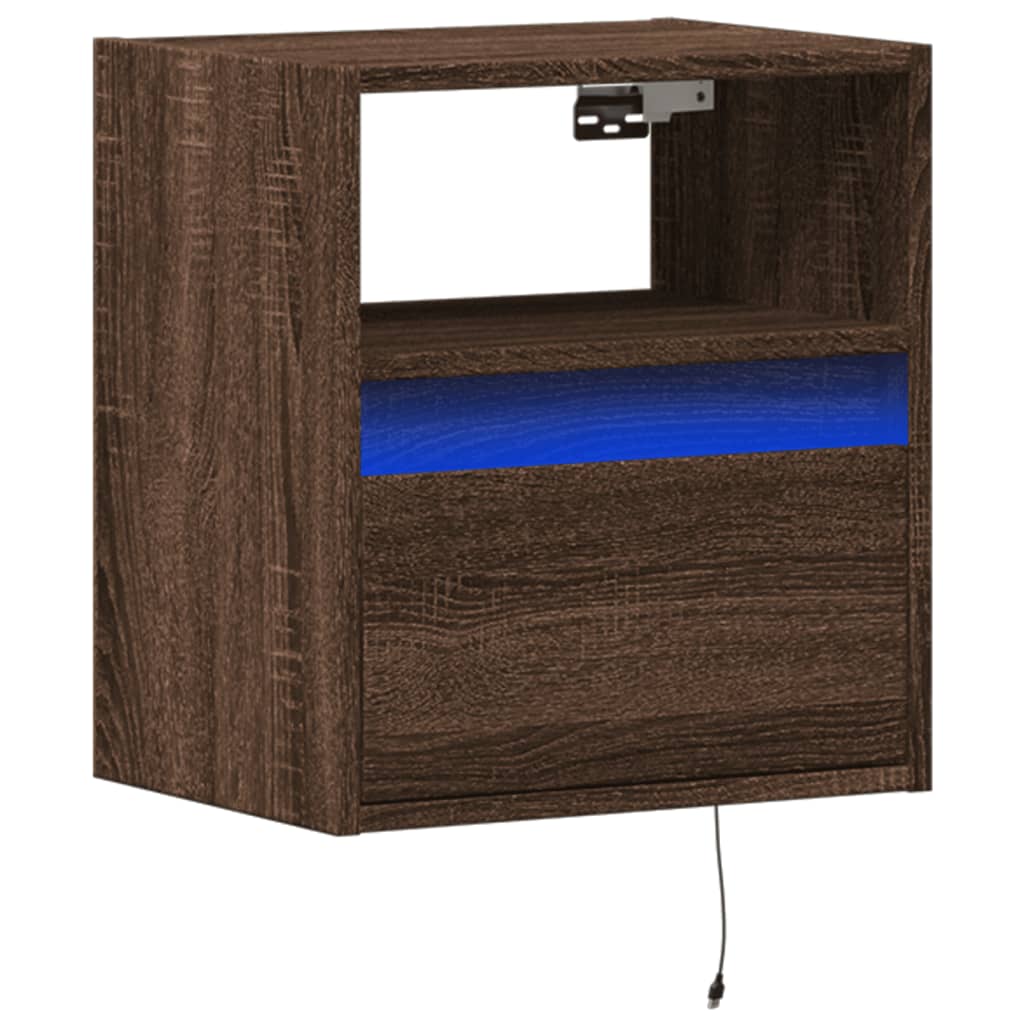 Wall-mounted bedside table with LED lights brown oak look