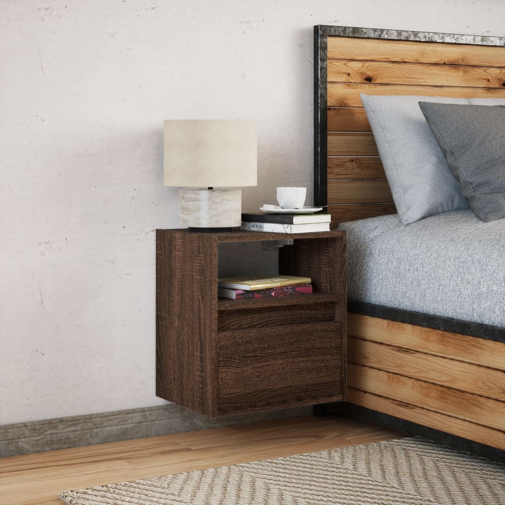 Wall-mounted bedside table with LED lights brown oak look