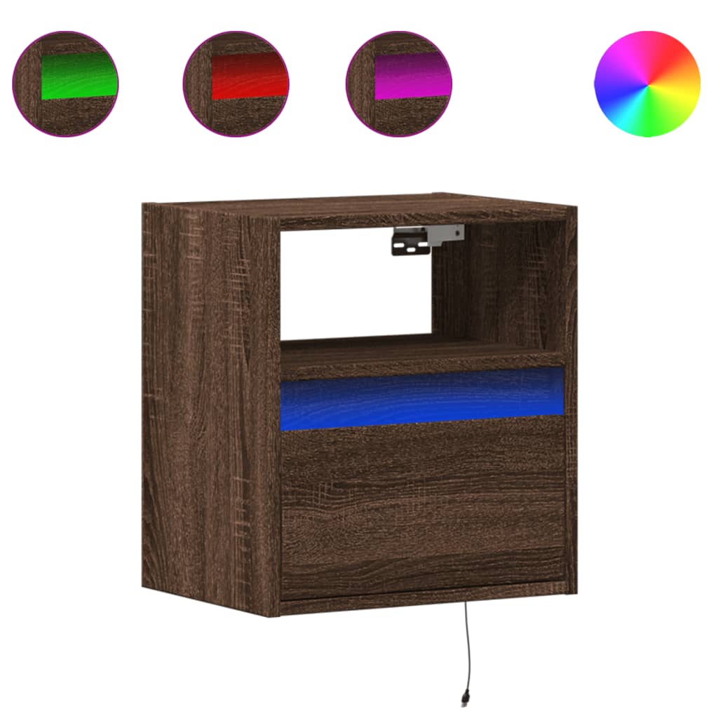 Wall-mounted bedside tables with LED lights 2 pcs. Brown oak look