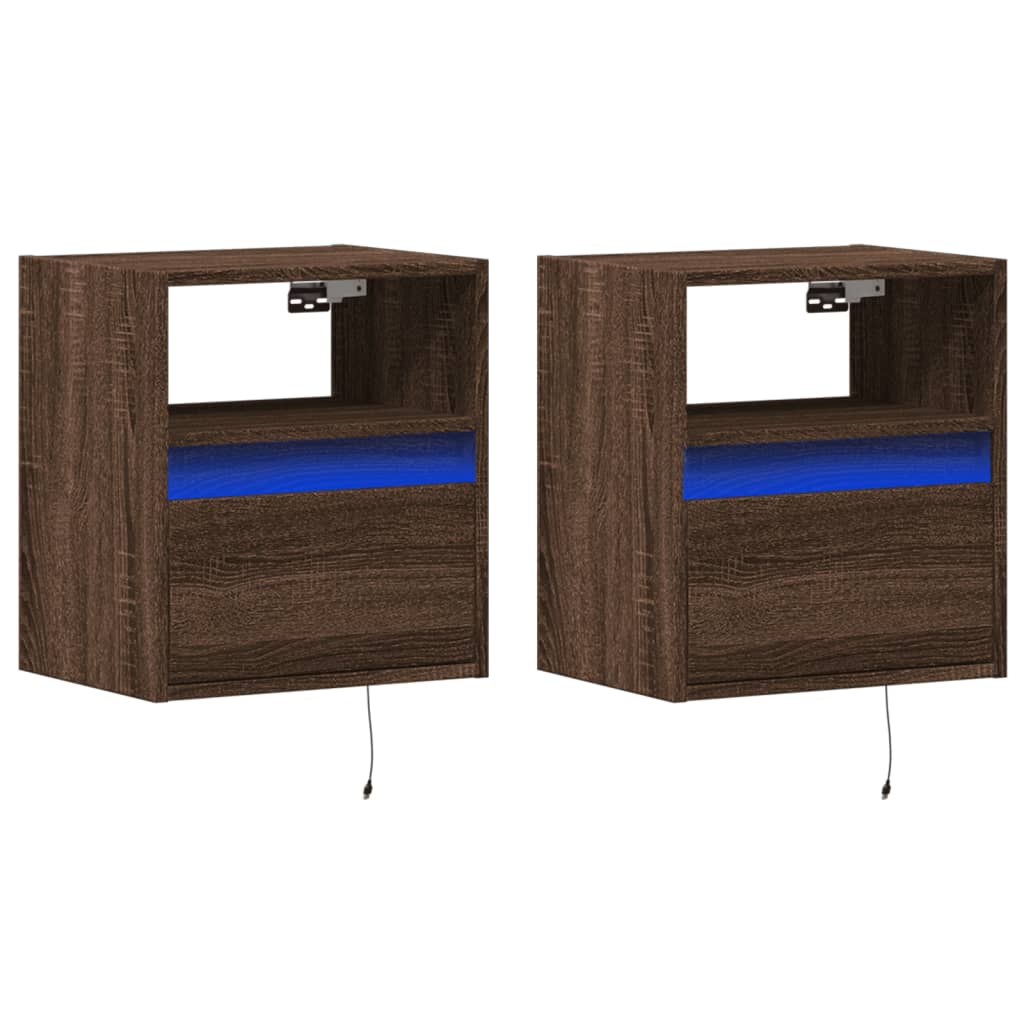 Wall-mounted bedside tables with LED lights 2 pcs. Brown oak look