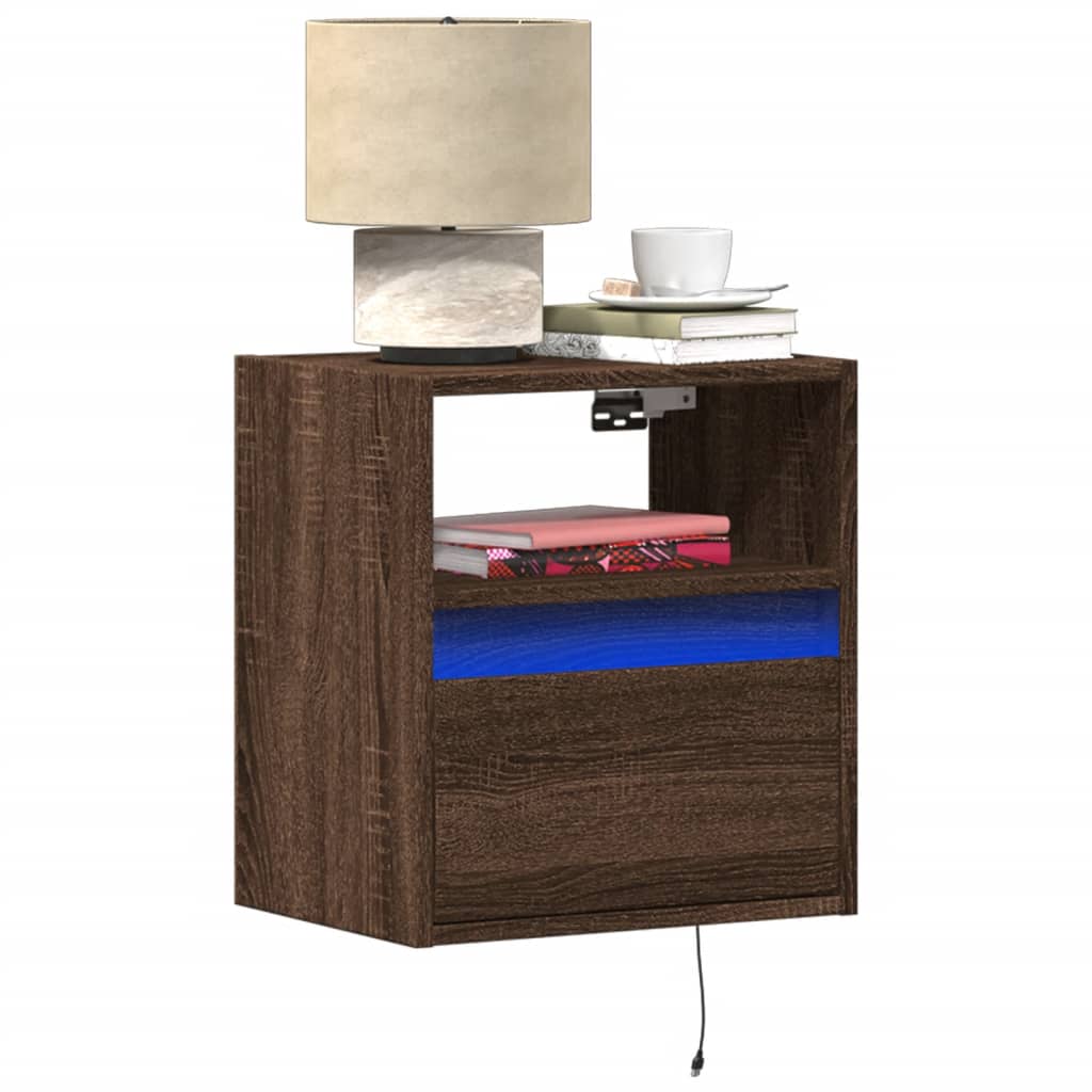Wall-mounted bedside tables with LED lights 2 pcs. Brown oak look