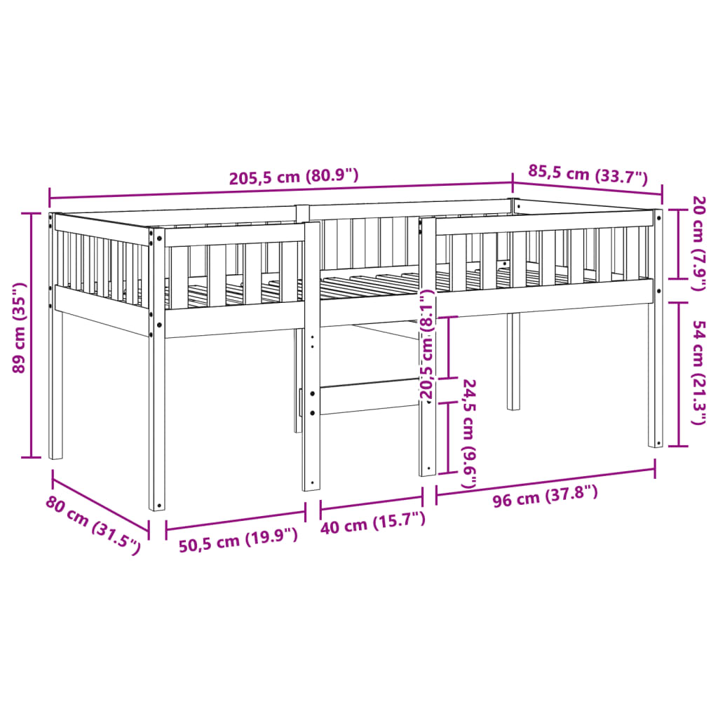 Lit enfant sans matelas 80x200 cm en pin massif