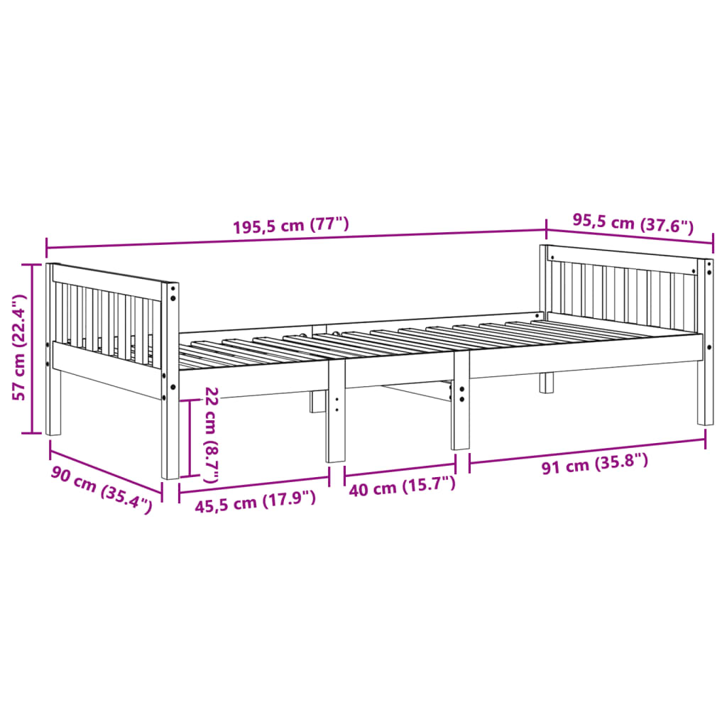 Lit enfant sans matelas 90x190 cm en pin massif