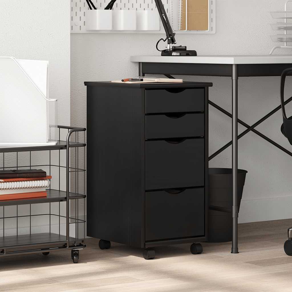 Meuble à roulettes avec tiroirs MOSS en pin massif noir