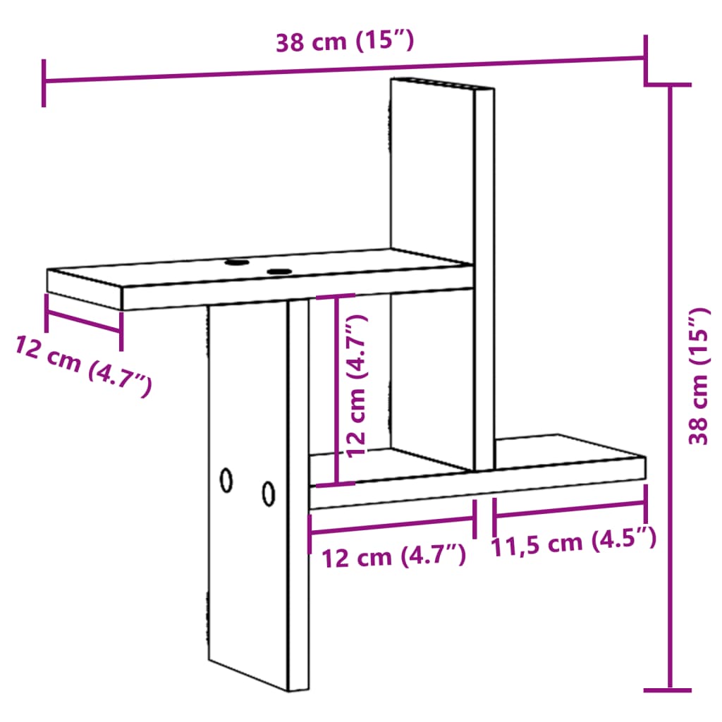 Wall shelves 2 pcs. Smoked oak 38x12x38 cm wood material