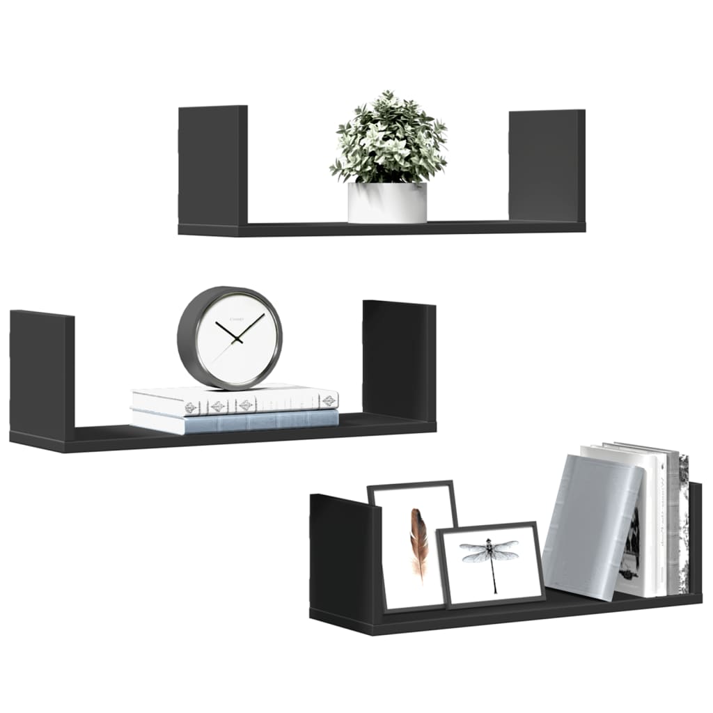 Wall shelves 3 pcs. Black 58x18x18 cm wood material