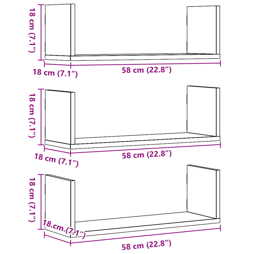 Wall shelves 3 pcs. Smoked oak 58x18x18 cm wood material