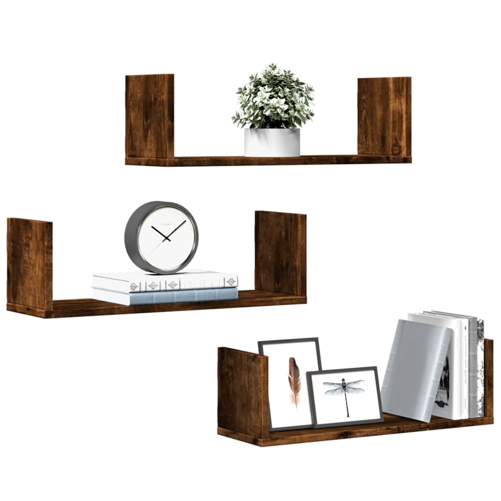 Wall shelves 3 pcs. Smoked oak 58x18x18 cm wood material