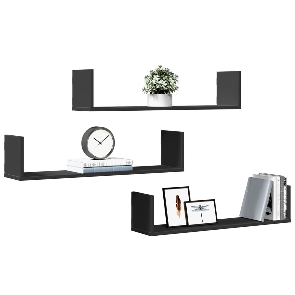 Wall shelves 3 pcs. Black 80x18x18 cm wood material