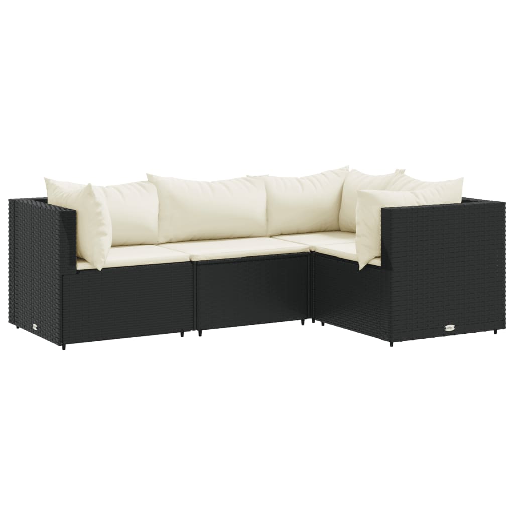 4-tlg. Garten-Lounge-Set mit Kissen Schwarz Poly Rattan