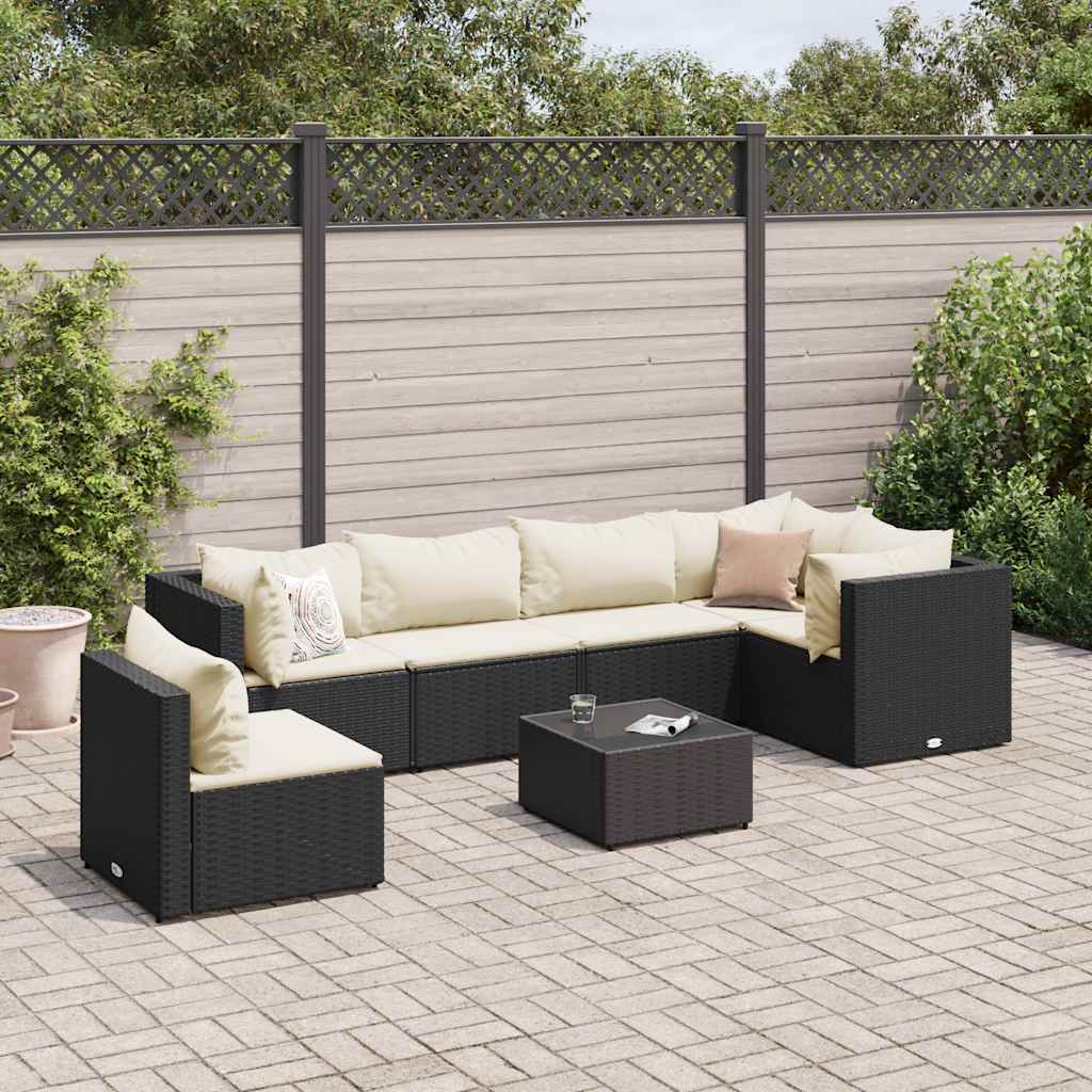 7-tlg. Garten-Lounge-Set mit Kissen Schwarz Poly Rattan