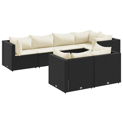 7-tlg. Garten-Lounge-Set mit Kissen Schwarz Poly Rattan
