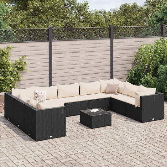 Salon de jardin 10 pièces avec coussins, en polyrotin noir