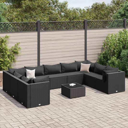 Salon de jardin 10 pièces avec coussins, en polyrotin noir