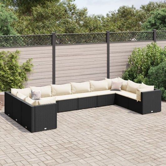 Salon de jardin 10 pièces avec coussins, en polyrotin noir