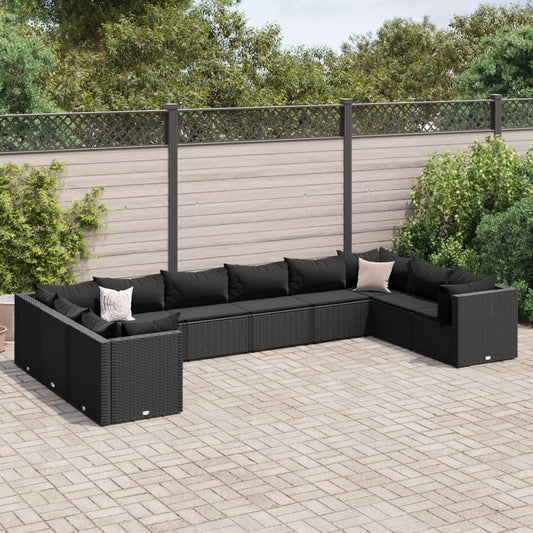 Salon de jardin 10 pièces avec coussins, en polyrotin noir