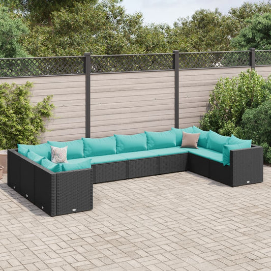 Salon de jardin 10 pièces avec coussins, en polyrotin noir