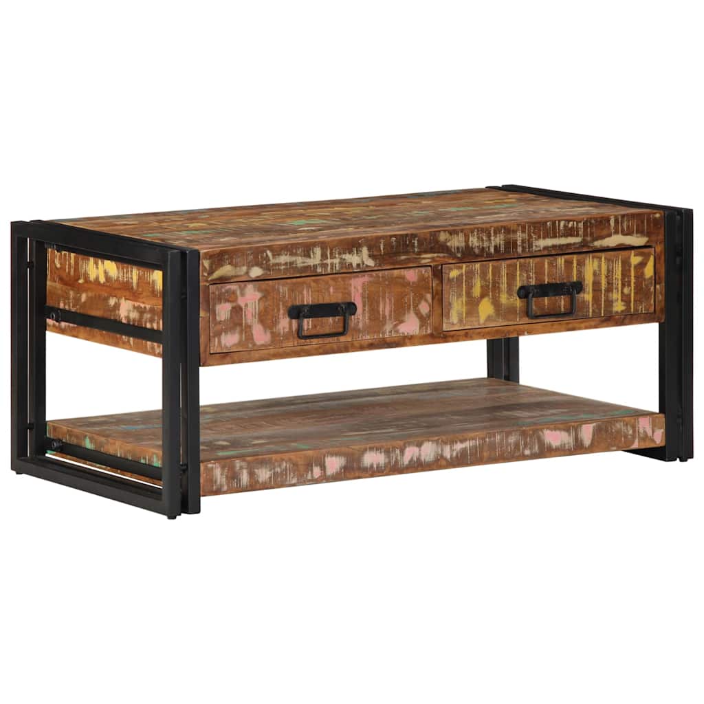 Table basse multicolore 90x50x38 cm en bois massif de récupération