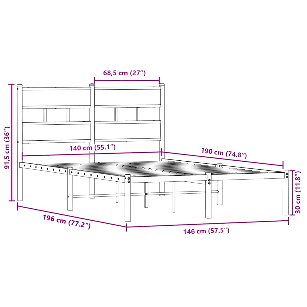 Metallbett ohne Matratze Sonoma-Eiche 140x190 cm