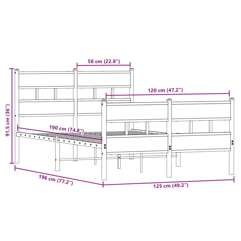 Metallbett ohne Matratze Sonoma-Eiche 120x190 cm