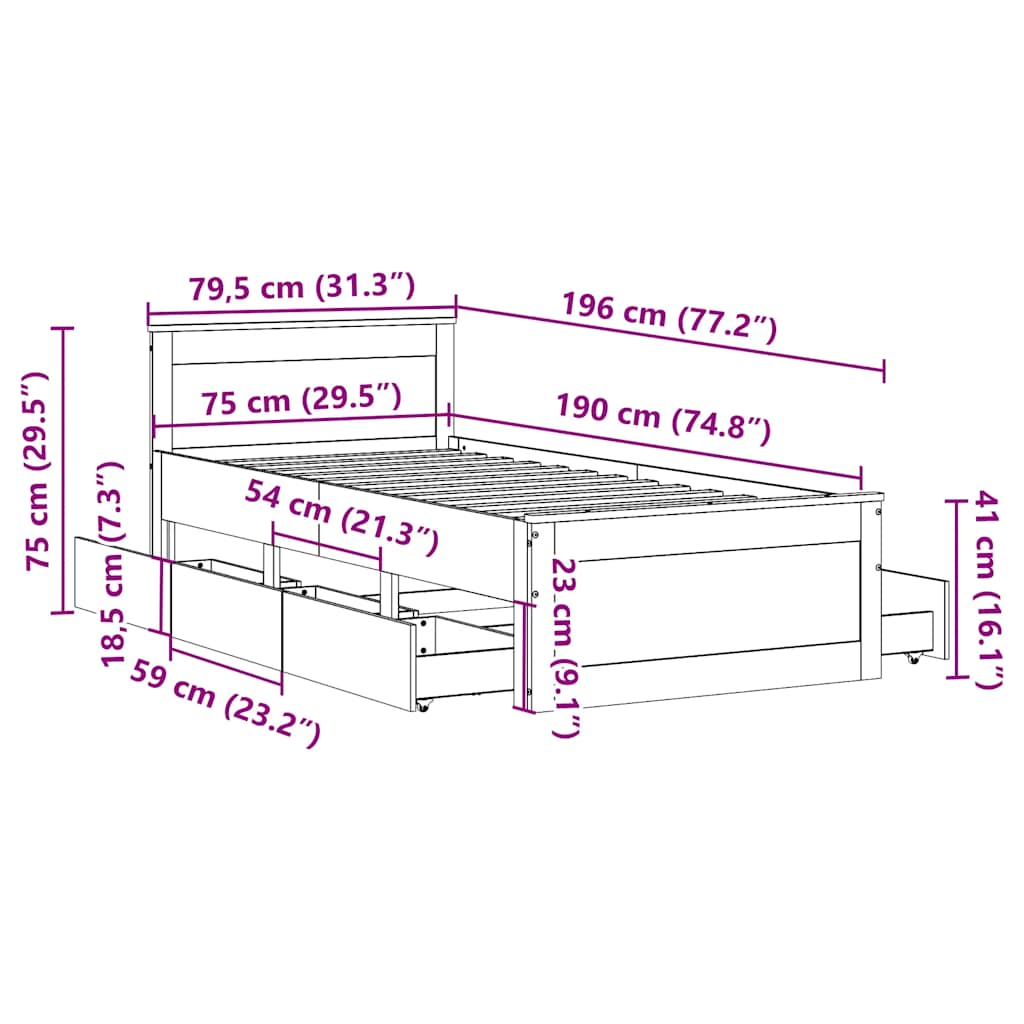 Massivholzbett ohne Matratze mit Kopfteil 75x190 cm