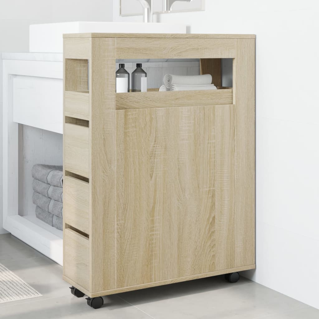 Meuble de salle de bain étroit avec roulettes en bois de chêne Sonoma