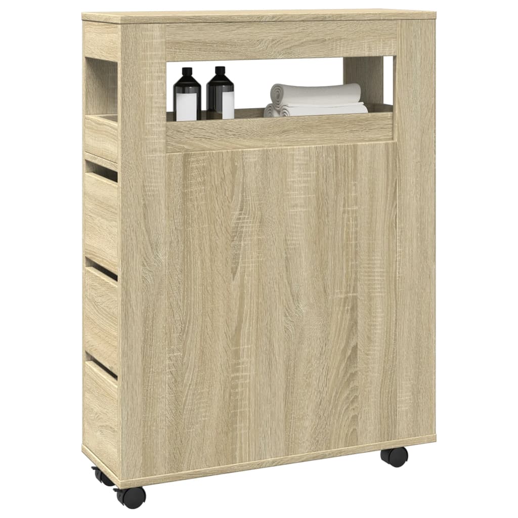 Meuble de salle de bain étroit avec roulettes en bois de chêne Sonoma