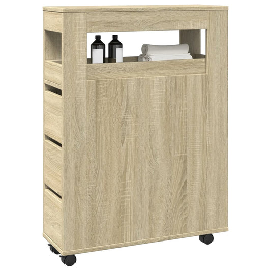 Meuble de salle de bain étroit avec roulettes en bois de chêne Sonoma