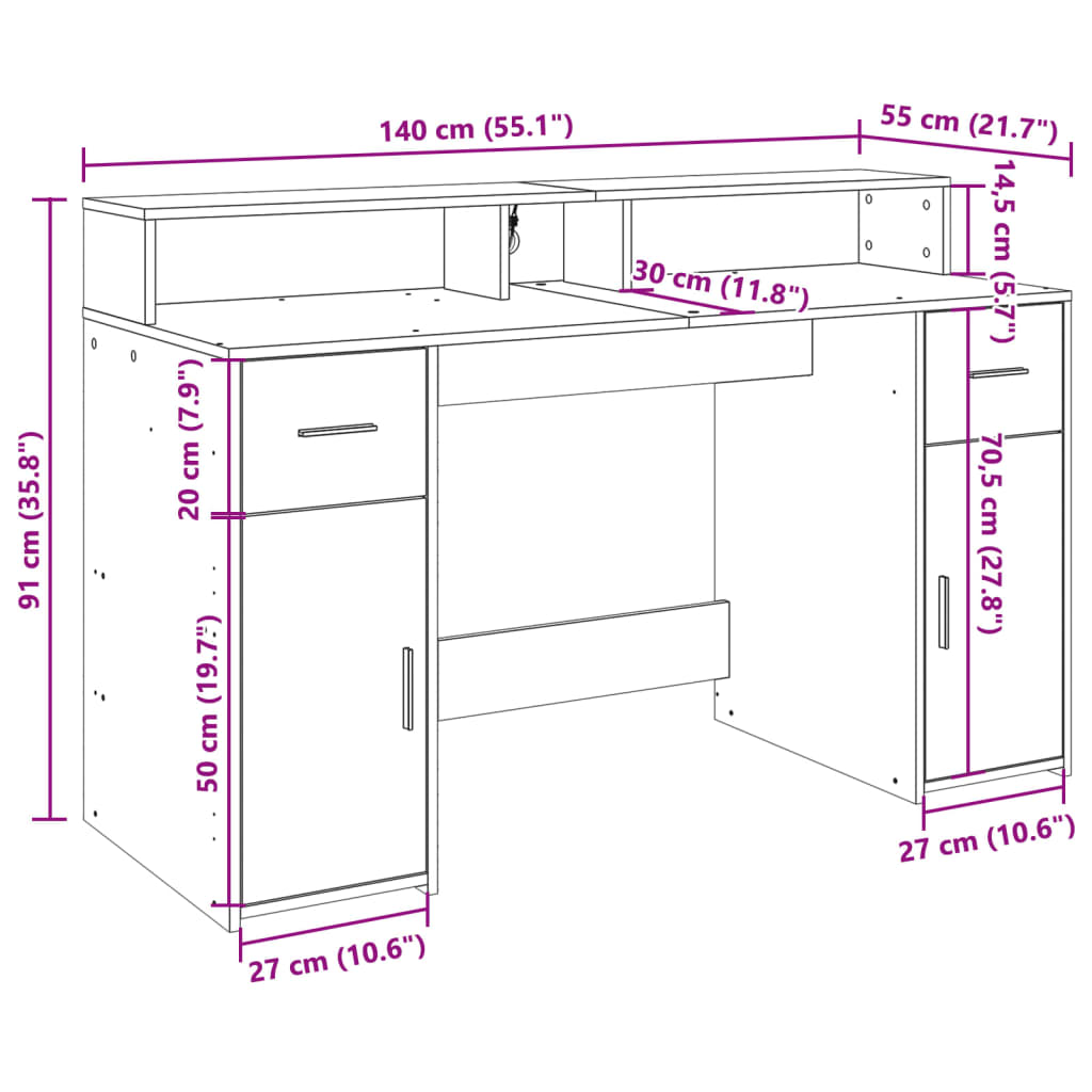 LED-Schreibtisch Sonoma-Eiche 140x55x91 cm Holzwerkstoff