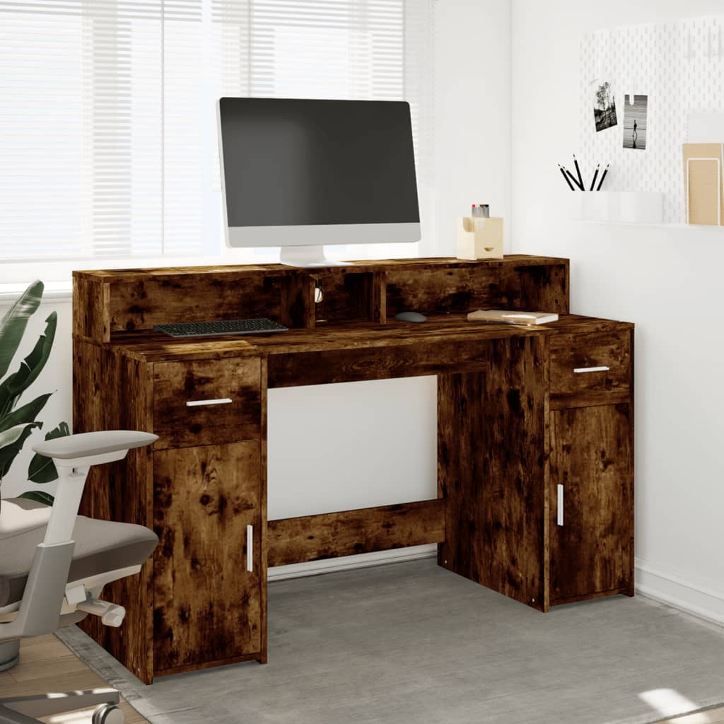 LED-Schreibtisch Räuchereiche 140x55x91 cm Holzwerkstoff