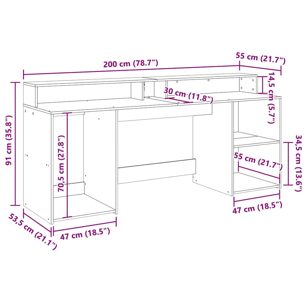 LED-Schreibtisch Betongrau 200x55x91 cm Holzwerkstoff