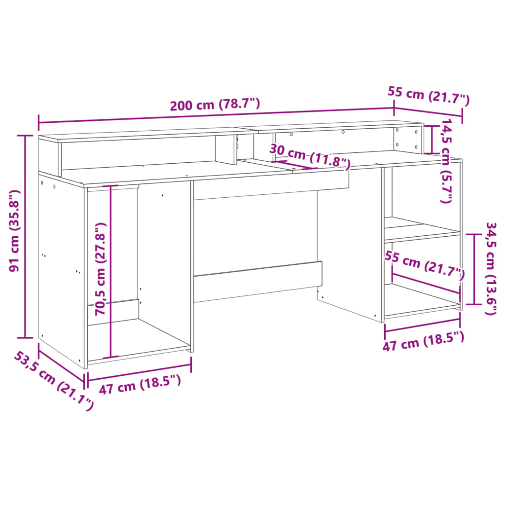 LED-Schreibtisch Räuchereiche 200x55x91 cm Holzwerkstoff