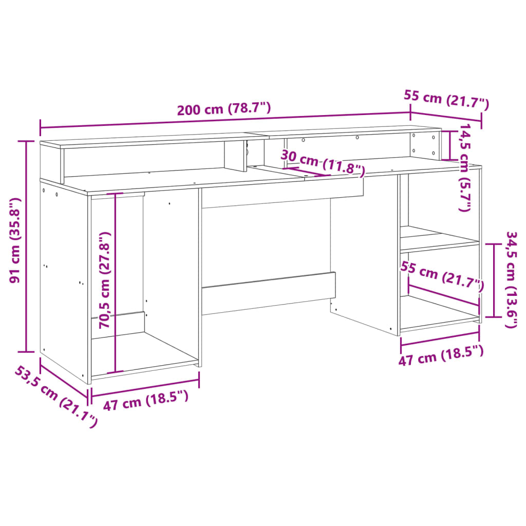 LED-Schreibtisch Altholz-Optik 200x55x91 cm Holzwerkstoff