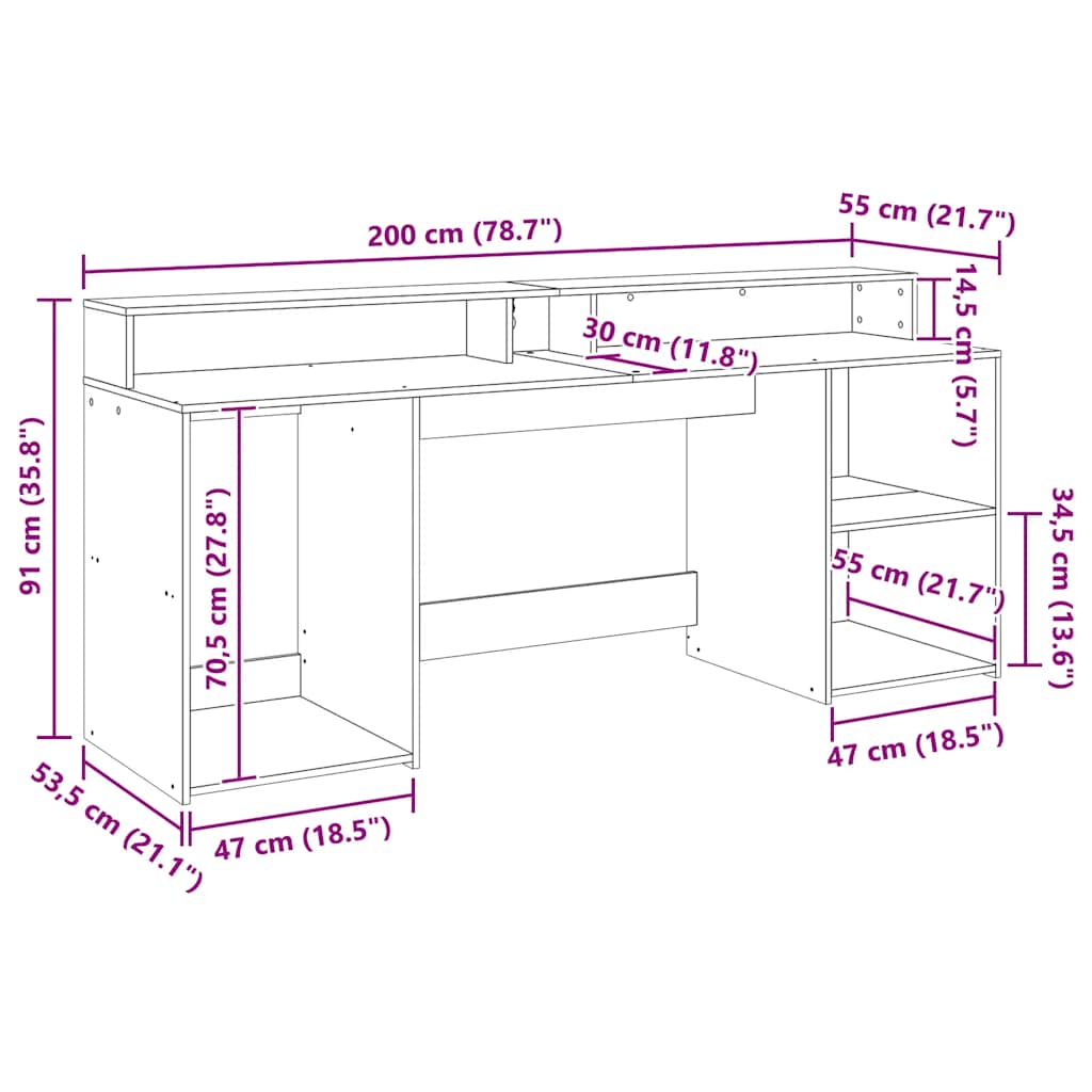LED-Schreibtisch Artisan-Eiche 200x55x91 Holzwerkstoff