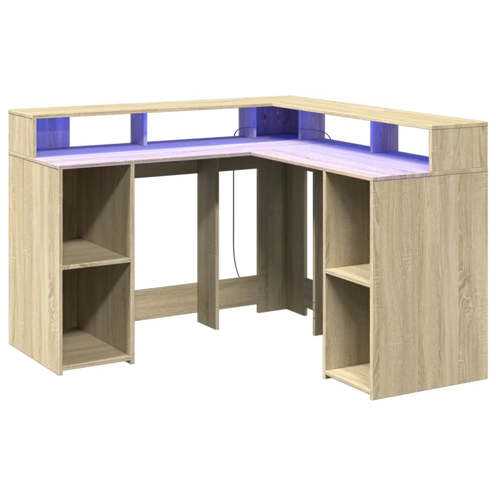 LED-Schreibtisch Sonoma-Eiche 130x130x91 cm Holzwerkstoff