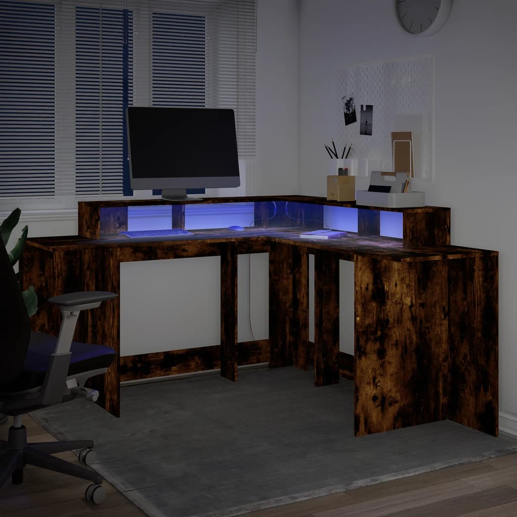 LED-Schreibtisch Räuchereiche 152x152x91 cm Holzwerkstoff