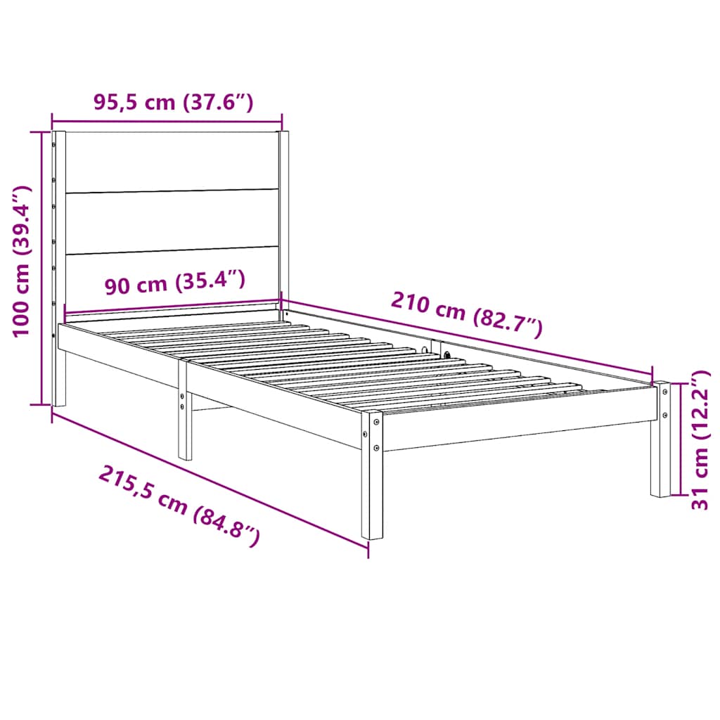Massivholzbett Extra Lang ohne Matratze 90x210 cm