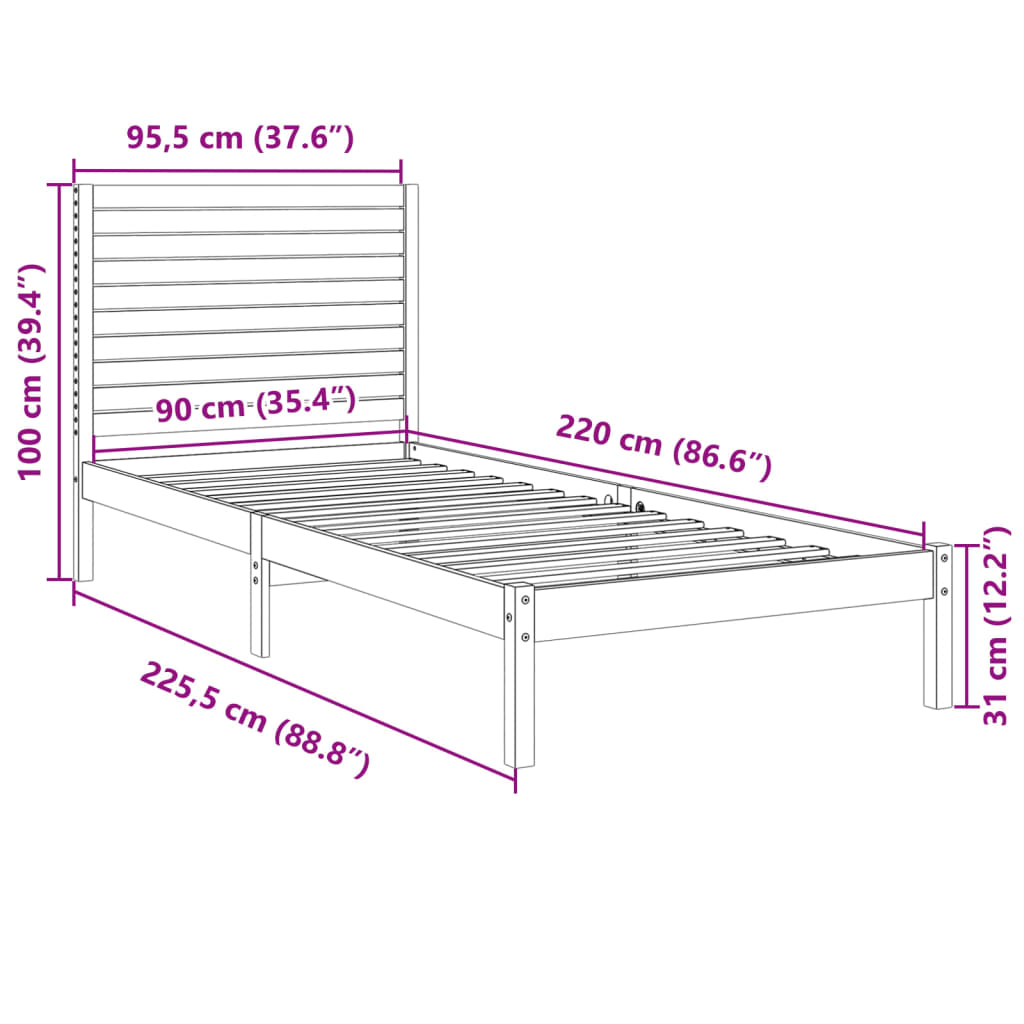 Massivholzbett Extra Lang ohne Matratze 90x220 cm