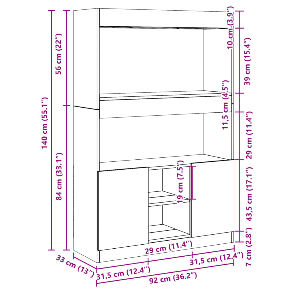Highboard Weiß 92x33x140 cm Holzwerkstoff