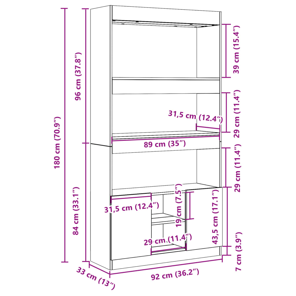 Highboard Weiß 92x33x180 cm Holzwerkstoff