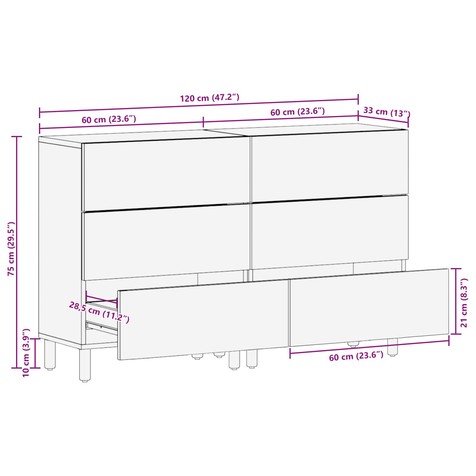 Sideboard 2 Stk. 60 x 33 x 75 cm Massivholz Mango