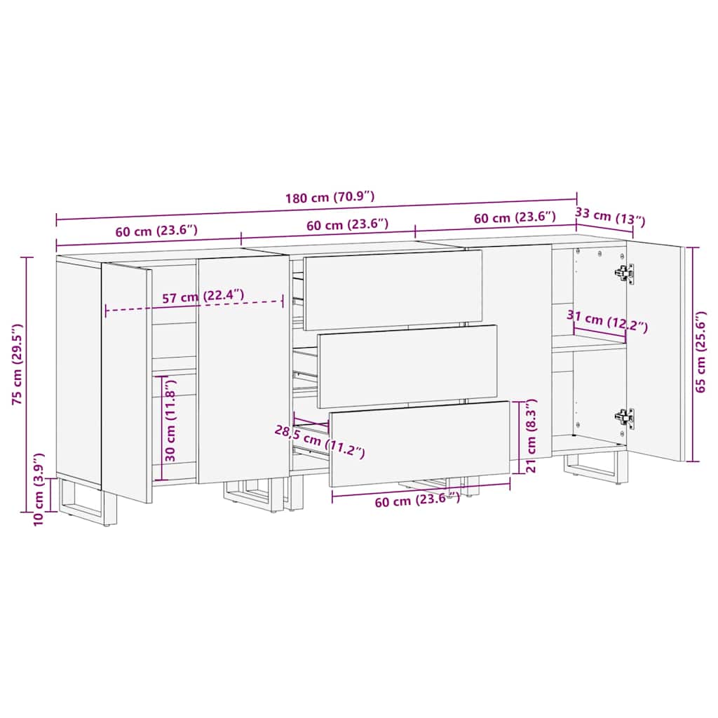 Sideboard Set 3 stk. Weiß 180 x 33 x 75 cm Massivholz Mango